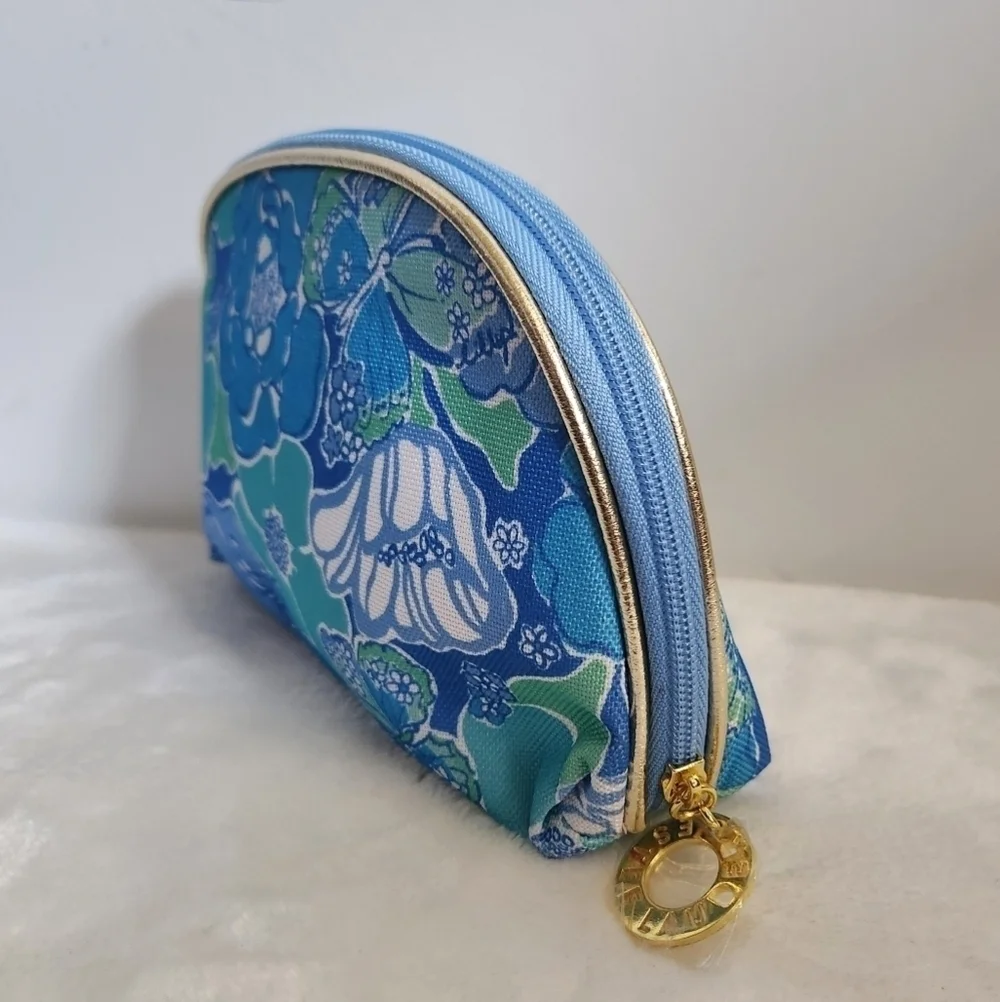 Lilly Pulitzer Estee Lauder Blue Green Floral Butterflies Cosmetic Makeup Bag